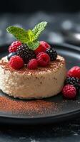 Dessert featuring creamy panna cotta topped with fresh berries and mint in a stylish presentation on a black plate photo
