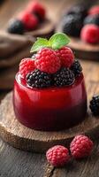 Delicious berry gelatin dessert garnished with fresh raspberries and blackberries on a rustic wooden board photo