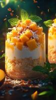 Delicious mango parfait with coconut and mint served in a glass at a vibrant outdoor setting photo