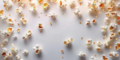 Colorful popcorn scattered across a light surface with a hint of warmth and delightful textures photo