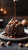 Decadent chocolate cake topped with hazelnuts and drizzled sauce on a plate photo