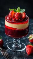 Refreshing strawberry dessert with layered fruit and cream served in elegant glass dish photo