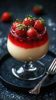 Delicious panna cotta dessert topped with fresh strawberries and berry sauce on a dark surface photo
