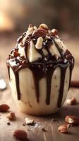 Delicious dessert featuring creamy vanilla, rich chocolate, and crunchy nuts served in a white cup photo