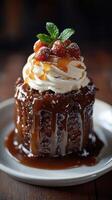 Delicious chocolate dessert topped with whipped cream and caramel drizzle at a cozy cafe photo