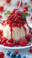 Delicious dessert topped with fresh raspberries and berry sauce at a food display in a bright setting photo