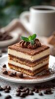 Delicious chocolate dessert served with coffee, featuring layers of cream and cocoa on a rustic table photo