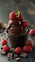 Delightful chocolate dessert topped with fresh raspberries and mint leaves on a rustic table photo