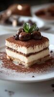 Delicious tiramisu dessert served on a white plate with cocoa powder and chocolate decorations in a cozy cafe setting photo