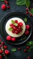Creamy dessert topped with fresh berries and mint leaves on a black plate in a culinary setting photo