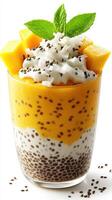 Colorful layered dessert featuring mango, coconut, and chia seeds with fresh mint garnish photo