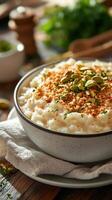 Warm porridge topped with nuts and herbs enjoyed in a cozy kitchen during an autumn afternoon photo