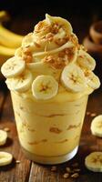 Delicious banana dessert topped with granola and sliced bananas in a rustic setting photo