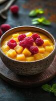 Delicious mango pudding topped with fresh raspberries and mint on a rustic wooden table photo