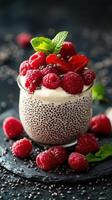 Delicious chia seed pudding topped with fresh raspberries and mint in a glass bowl on a dark surface photo