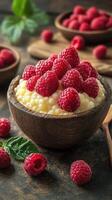 Delicious bowl of creamy pudding topped with fresh raspberries on a rustic wooden table photo