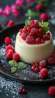 Delicious dessert featuring creamy panna cotta topped with fresh raspberries and red currants on a dark plate photo