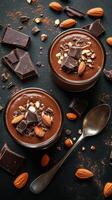 Delicious chocolate dessert served in glass bowls with almonds and chocolate pieces photo