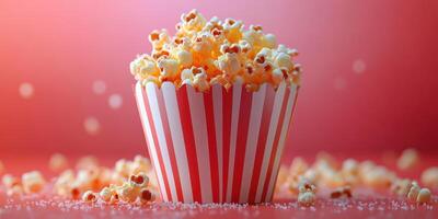 Freshly popped popcorn in a red and white striped container on a vibrant background photo