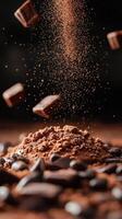 Sweet chocolate pieces and cocoa powder create an enticing dessert atmosphere in a dark setting photo