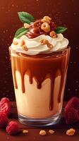 Delicious dessert featuring creamy layers topped with chocolate sauce and nuts, presented in a clear glass on a wooden surface photo
