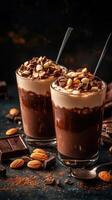 Delicious chocolate almond dessert served in glasses on a dark textured background photo