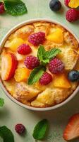 Delicious berry and citrus dessert in a round baking dish surrounded by fresh fruits and mint leaves photo
