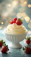 Delicious whipped cream dessert topped with fresh strawberries and sprinkles on a blue background photo