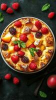 Fresh fruit pudding dessert with berries and mint arranged on a black surface photo