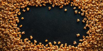 Popcorn scattered around a black surface creating a playful border for an inviting snack layout photo