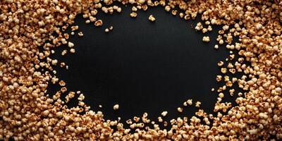Snack time with fresh popcorn scattered across a dark surface ready for sharing and enjoyment during movie night photo