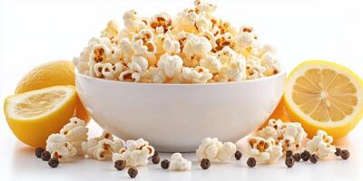 Popcorn served with lemon halves and black pepper for a unique snack experience at a home gathering photo