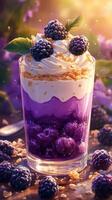 Delicious dessert featuring layers of blackberry puree, creamy topping, and crunchy oats set against a glowing outdoor background photo