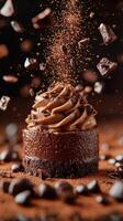 Decadent chocolate dessert with swirling frosting and flying chocolate pieces captured in a delightful moment photo