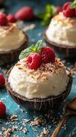 Delicious coconut dessert topped with fresh raspberries served in elegant coconut bowls photo