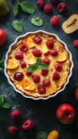 Colorful fruit tart with raspberries and apricots displayed on a dark surface surrounded by fresh fruits and mint leaves photo