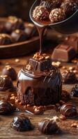 Delicious chocolate cake being drizzled with silky chocolate sauce and surrounded by sweet treats photo