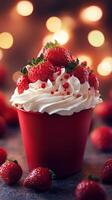 Delicious dessert topped with fresh strawberries and whipped cream in a festive setting photo