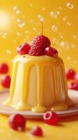Creamy dessert topped with fresh raspberries on a vibrant yellow background photo