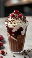Delicious chocolate dessert topped with whipped cream, raspberries, and cherries served at a cozy cafe during afternoon hours photo