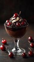 Decadent chocolate dessert topped with cherries and whipped cream served in a glass bowl photo