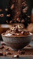 Indulging in rich chocolate dessert topped with crushed nuts and cocoa powder in a cozy setting photo