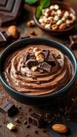 Creamy chocolate mousse topped with nuts and dark chocolate pieces in an elegant bowl photo
