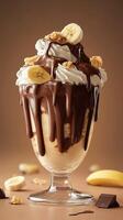 Delicious banana and chocolate sundae topped with whipped cream and crunchy bits served in a glass dessert dish photo