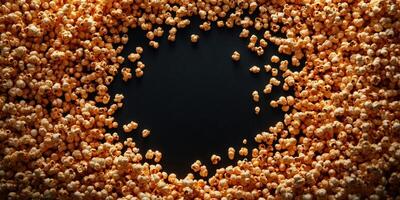 Popcorn scattered around a dark surface creates a fun and delicious snack environment perfect for movie night photo