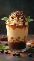 Creamy dessert with layers of chocolate and vanilla topped with whipped cream and mint leaves in a glass photo