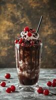 Indulging in a rich chocolate sundae topped with cherries and whipped cream at a cozy cafe photo