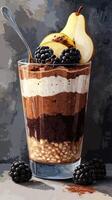Layered dessert in a tall glass with fruits and berries captured in a soft, artistic style photo