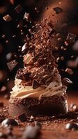 Chocolate dessert with rich toppings and sprinkles of cocoa on a wooden table creating a delightful moment photo