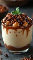 Decadent dessert featuring creamy layers, chocolate drizzle, and crunchy toppings in an elegant presentation photo